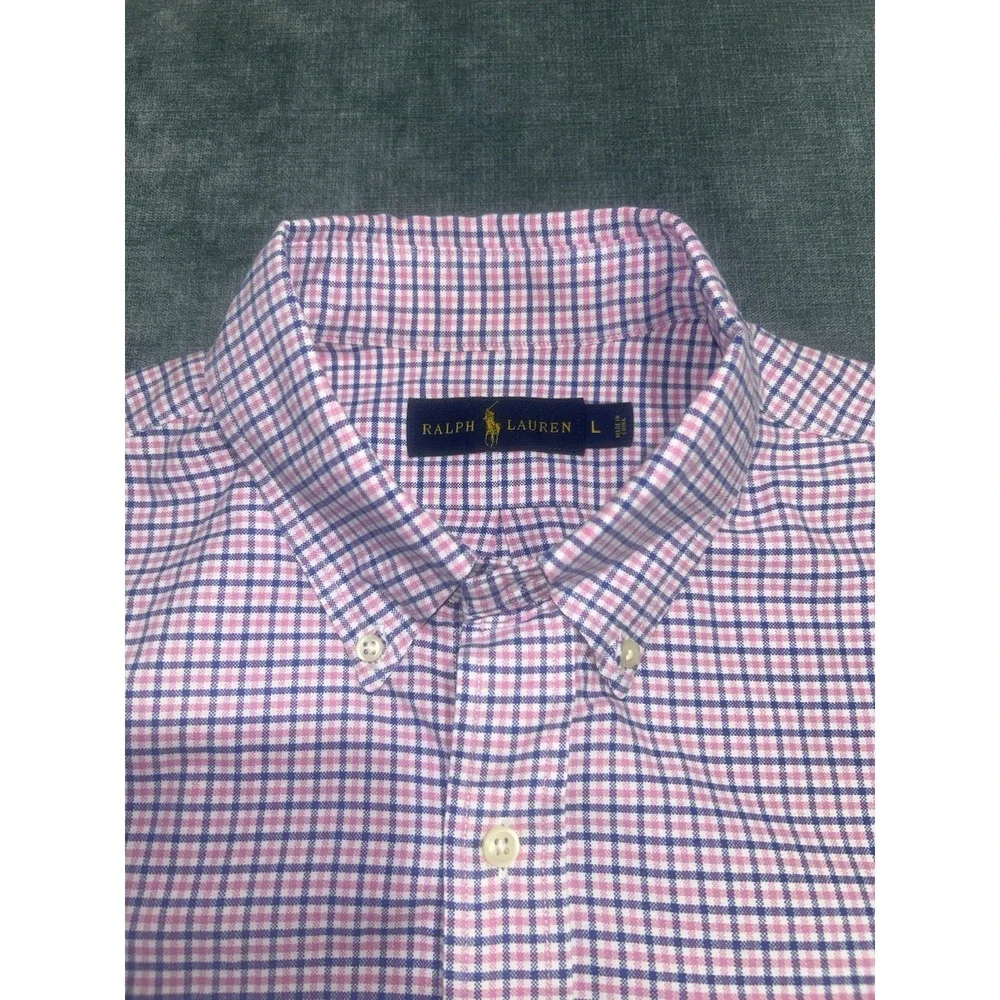 Ralph Lauren Men's Large Cotton L/S Button Down Shirt Navy Pink‎ White Plaid